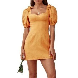 Reformation Spring Bow Sleeve Dress in Ochre, 100% Linen
